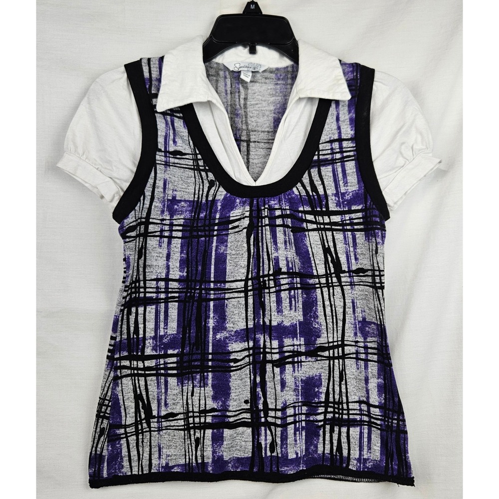 Speechless Womens Purple Black Abstract Plaid Layered Look Knit Vest Top M Y2k